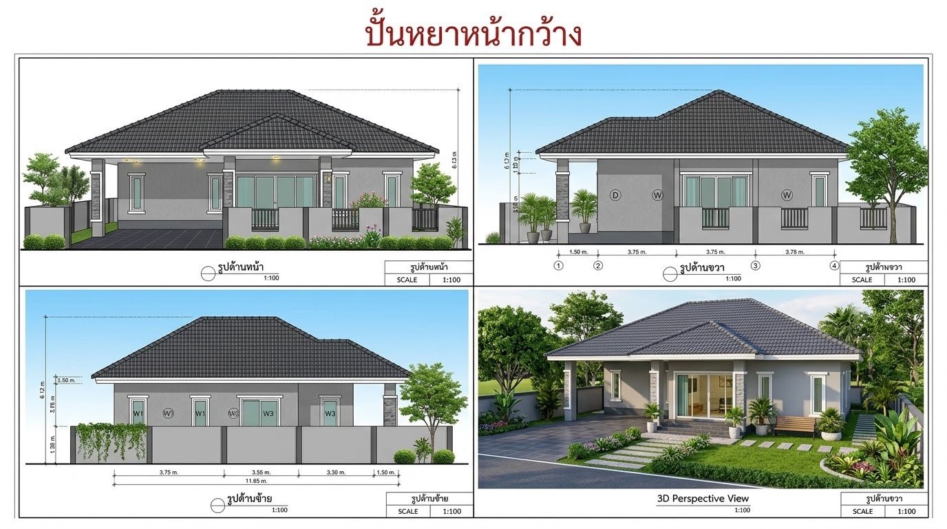 รูปด้านและภาพทัศนียภาพบ้านเดี่ยวชั้นเดียวแบบปั้นหยาหน้ากว้าง